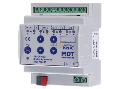 Front view MDT JAL-0410.02 EIB/KNX Shutter Actuator 4-fold, 4SU MDRC, 10A, 230VAC - 
