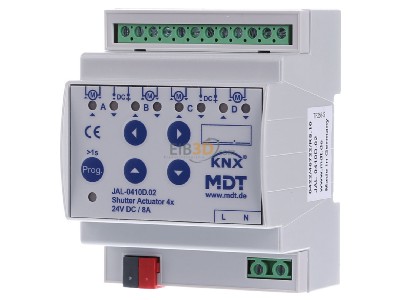 Frontansicht MDT JAL-0410D.02 EIB/KNX Jalousieaktor 4-fach, 4TE, 24VDC, 8A - 