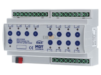 Frontansicht MDT AKS-1216.03 EIB/KNX Schaltaktor 12-fach, 8TE, REG, 16A, 230VAC, C-Last, Standard, 140F - 