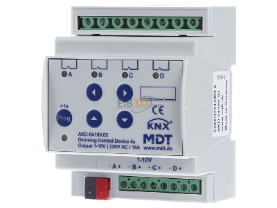 Frontansicht MDT AKD-0410V.02 KNX/EIB Dimmaktor 4-fach, 4TE, REG, 1-10V, RGBW 