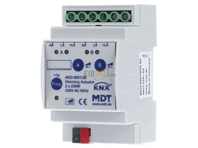 Frontansicht MDT AKD-0201.02 EIB/KNX Dimmaktor 2-fach, 4TE, REG, 250W, 230VAC mit Wirkleistungsmessung - 