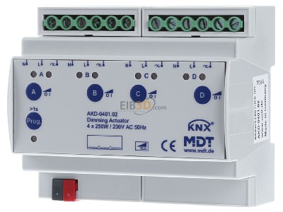 Frontansicht MDT AKD-0401.02 EIB/KNX Dimmaktor 4-fach, 6TE, REG, 250W, 230VAC mit Wirkleistungsmessung - 