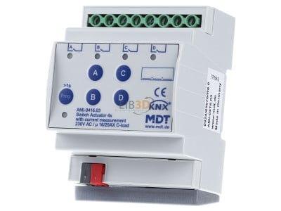 Front view MDT AMI-0416.03 KNX Switch Actuator 4-fold, 4SU MDRC, 16/20 A, 230 V AC, C-load, 200 F, current measurement 
