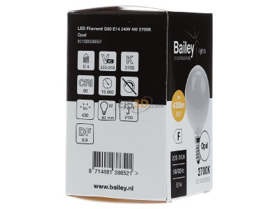 View on the left Bailey Electric Electronics bv 80100038652 LED Bulb Filament G60 E14 240V 4W 2700K Opal,_- Promotional item
