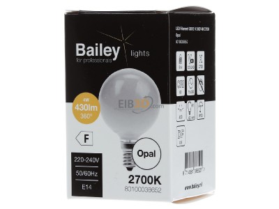 Back view Bailey Electric Electronics bv 80100038652 LED Bulb Filament G60 E14 240V 4W 2700K Opal,_- Promotional item
