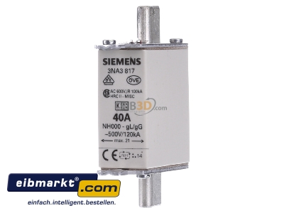 Front view Siemens Indus.Sector 3NA3817 Low Voltage HRC fuse NH000 40A
