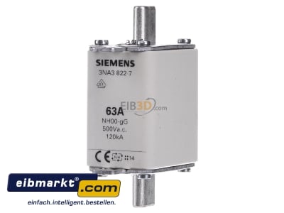 Front view Siemens Indus.Sector 3NA3822-7 Low Voltage HRC fuse NH00 63A
