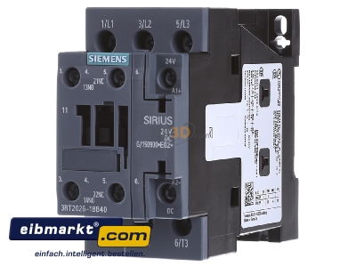 Front view Siemens Indus.Sector 3RT2026-1BB40 Magnet contactor 25A 0VAC 24VDC 
