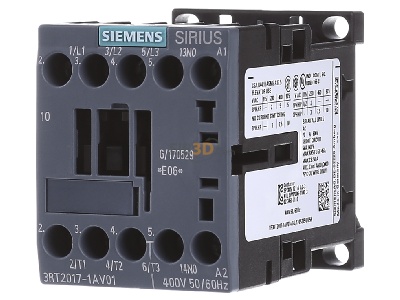 Front view Siemens 3RT2017-1AV01 Magnet contactor 12A 400VAC 0VDC 

