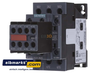 Front view Siemens Indus.Sector 3RT2026-1AL24-3MA0 Magnet contactor 25A 230VAC 0VDC
