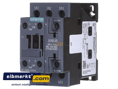 Front view Siemens Indus.Sector 3RT2026-1AR60 Magnet contactor 25A 400VAC 0VDC - 
