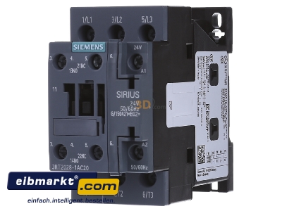 Front view Siemens Indus.Sector 3RT2028-1AC20 Magnet contactor 38A 24VAC 0VDC
