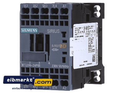 Front view Siemens Indus.Sector 3RT2316-2AP00 Magnet contactor 9A 230VAC 0VDC - 
