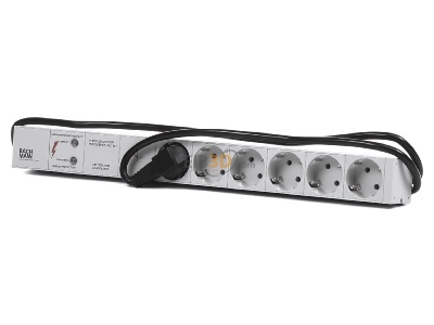 Front view Bachmann 333.402 19-inch power strip, multiple socket 6-pin Schuko, 1x full unit protection, aluminum, 
