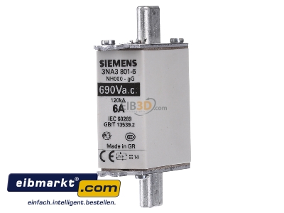 Front view Siemens Indus.Sector 3NA3801-6 Low Voltage HRC fuse NH000 6A
