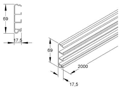 Dimensional drawing Kleinhuis SK70 Baseboard wireway base 69x17 5mm
