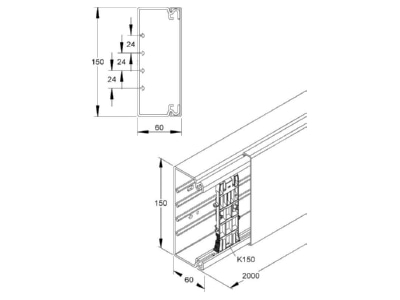Dimensional drawing Kleinhuis HKL60150 1 Wireway 60x150mm RAL7030