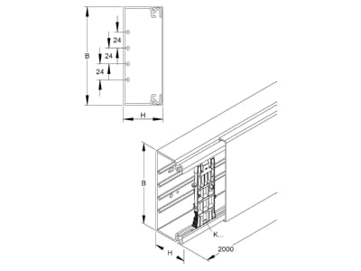 Dimensional drawing Kleinhuis HKL60190 6 Wireway 60x190mm RAL9001