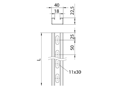 Dimensional drawing 1 OBO MS 22 L 3M FT C profile 3000x40x22 5mm
