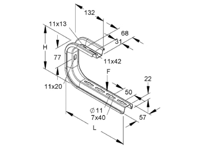 Dimensional drawing Niedax TKSU 100 Ceiling bracket for cable tray
