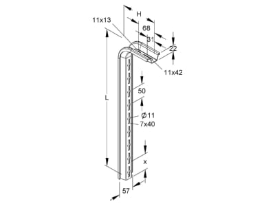 Dimensional drawing Niedax TKS 500 Ceiling profile for cable tray 563mm