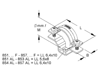 Dimensional drawing Niedax 855 Tube clamp 38   47mm