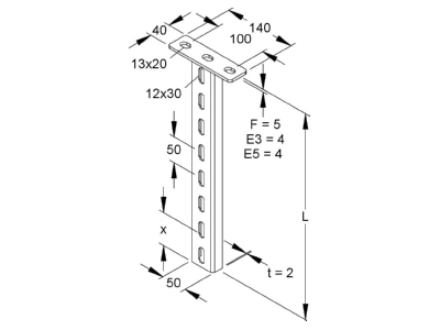 Dimensional drawing Niedax HUF 50 250 Ceiling profile for cable tray 250mm