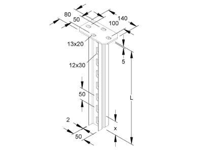 Dimensional drawing Niedax HDUF 50 200 Ceiling profile for cable tray 201mm