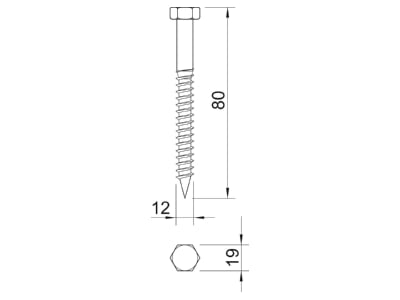 Mazeichnung 3 OBO HHWS 12x80 G Sechskantholzschraube 12400 12x80 G