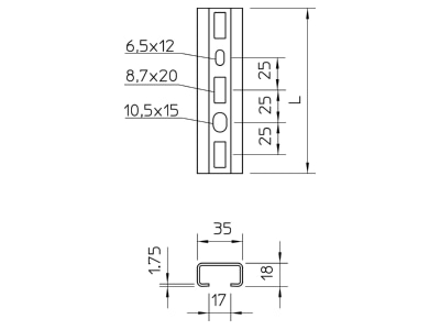 Dimensional drawing 1 OBO CMS3518P0150FS C profile 150x35x18mm
