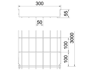Mazeichnung 2 OBO GRM 55 300 G Gitterkabelrinne 55x300x3000mm