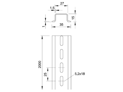 Dimensional drawing 1 OBO 2069 15 1 5 GTPL Mounting rail 2000mm Steel
