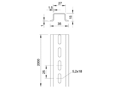 Mazeichnung 1 OBO 2069 15 1 5 GTPL Hutschiene gelocht