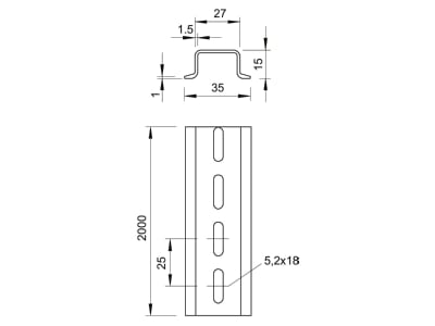 Mazeichnung 2 OBO 2069 15 1 5 GTPL Hutschiene gelocht