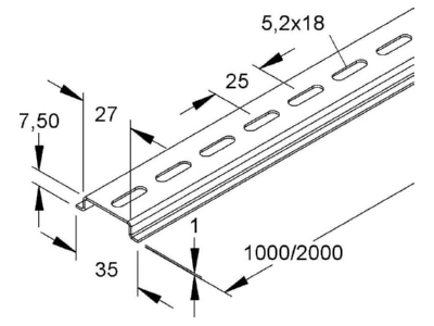 Dimensional drawing Kleinhuis 536LO 1 DIN rail  top hat rail  35 7 5 mm 1000mm