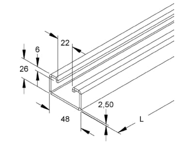 Dimensional drawing Niedax 2991 2 FO C profile 2000x48x26mm