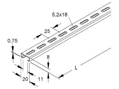 Dimensional drawing Niedax 2910 2 GL C profile 2000x20x8mm