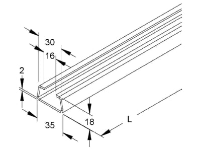 Dimensional drawing Niedax 2980 2 FO C profile 2000x35x18mm