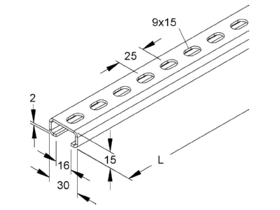 Dimensional drawing Niedax 2971 2 GL C profile 2000x30x15mm