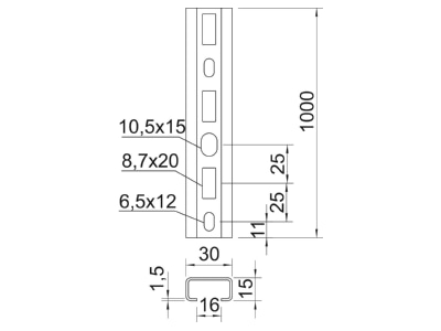 Mazeichnung 1 OBO CM3015P1000FT Profilschiene gelocht 16mm 1000x30x15
