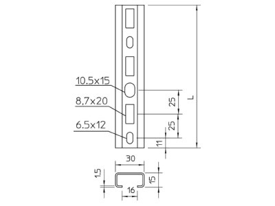 Mazeichnung 3 OBO CM3015P1000FT Profilschiene gelocht 16mm 1000x30x15
