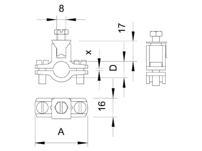 Dimensional drawing 1 OBO 950 Z 1 4 Earthing pipe clamp 12   14mm
