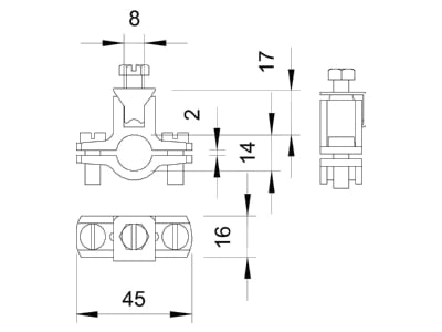 Dimensional drawing 2 OBO 950 Z 1 4 Earthing pipe clamp 12   14mm
