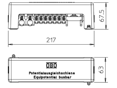 Mazeichnung 1 OBO 1801 VDE Potentialausgleichsschiene 217mm Ms