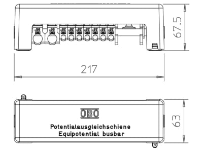 Mazeichnung 2 OBO 1801 VDE Potentialausgleichsschiene 217mm Ms