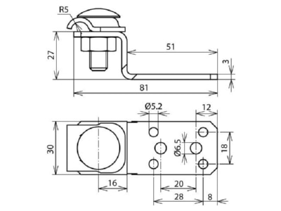 Dimensional drawing 2 Dehn 377 100 Connection lug for lightning protection
