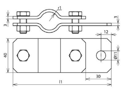 Dimensional drawing 1 Dehn 410 212 Earthing pipe clamp 76mm
