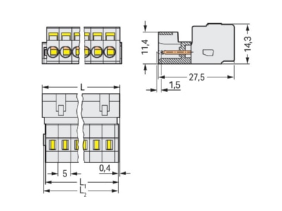 Dimensional drawing WAGO 721 603 Cable connector for printed circuit