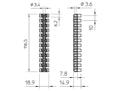 Dimensional drawing 1 OBO 74 CE SW EKL 1 S Terminal strip 10 p 4mm  74 CE SW
