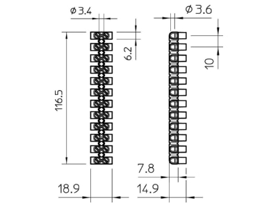Dimensional drawing 2 OBO 74 CE SW EKL 1 S Terminal strip 10 p 4mm  74 CE SW